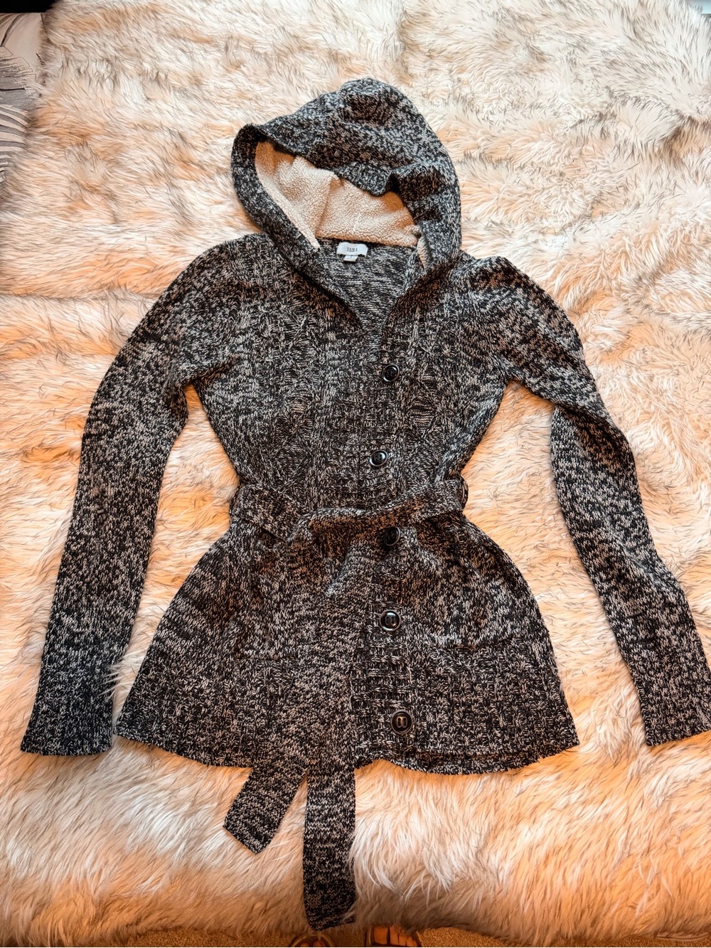 Cozy Hooded Knit Belted Sweater Cardigan - Gray and Black